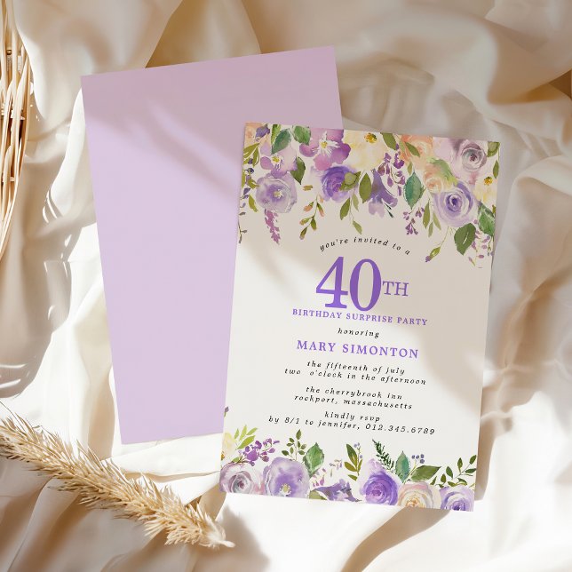Invitation FÊTE SURPRISE 40e Anniversaire Fleur Florale Viole (Créateur téléchargé)