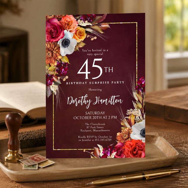 Invitation FÊTE SURPRISE 45e Anniversaire Fleurs d'Automne Bo (Créateur téléchargé)