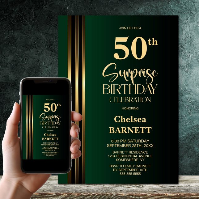Invitation Fête surprise 50 ans vert noir rayures dorées (Créateur téléchargé)