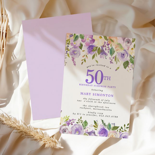 Invitation FÊTE SURPRISE 50e Anniversaire Fleur Florale Viole (Créateur téléchargé)