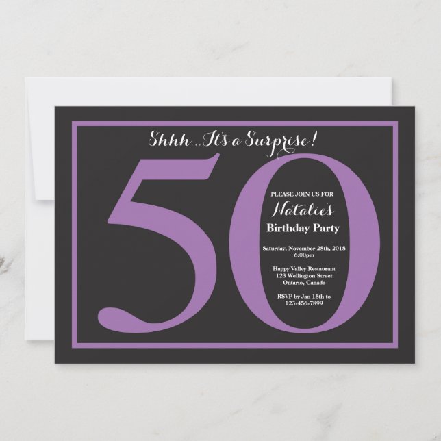 Invitation Fête surprise 50e anniversaire tableau noir violet (Devant)