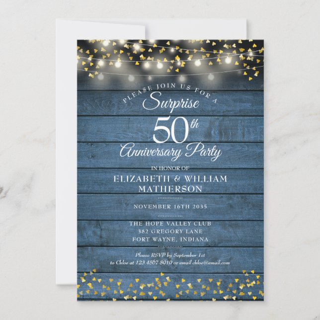 Invitation Fête surprise 50ème anniversaire doré rustique ble (Devant)