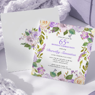 Invitation FÊTE SURPRISE 65e Anniversaire Carré Floral Violet