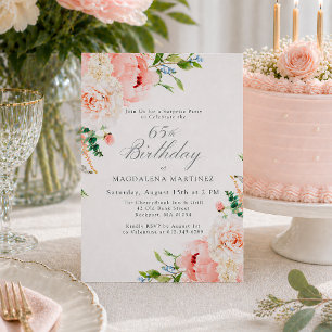 Invitation FÊTE SURPRISE 65e Anniversaire Féminin Fleurs Rose
