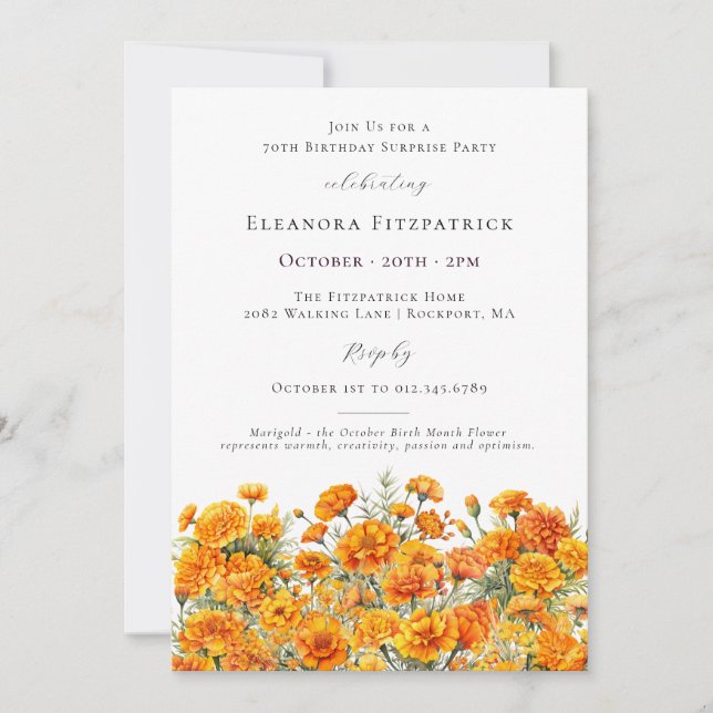 Invitation FÊTE SURPRISE 70 ans Marigold Fleur de naissance d (Devant)