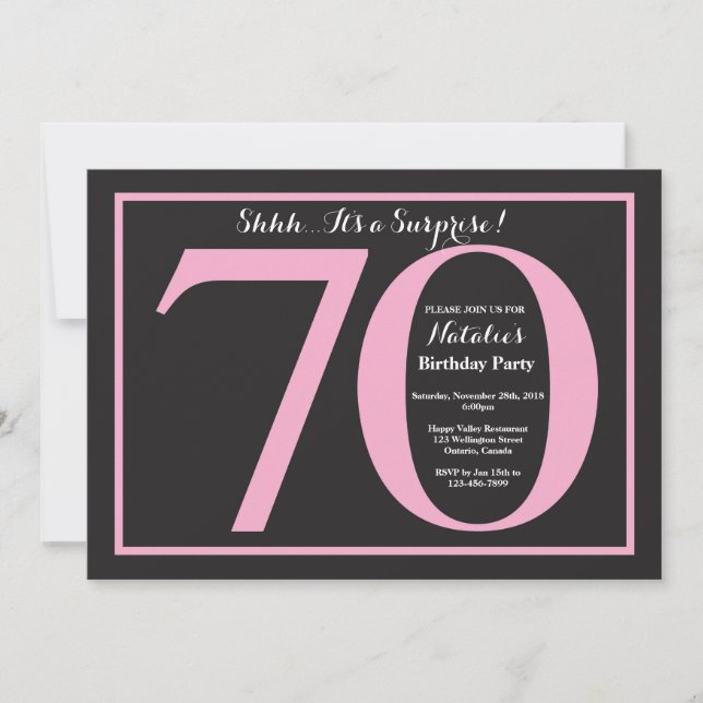 Invitation Fête surprise 70 ans Tableau noir rose et noir (Devant)