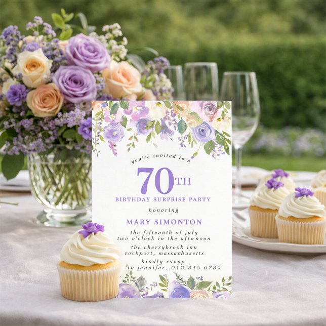 Invitation FÊTE SURPRISE 70e Anniversaire Fleurs Violettes Jo (Créateur téléchargé)