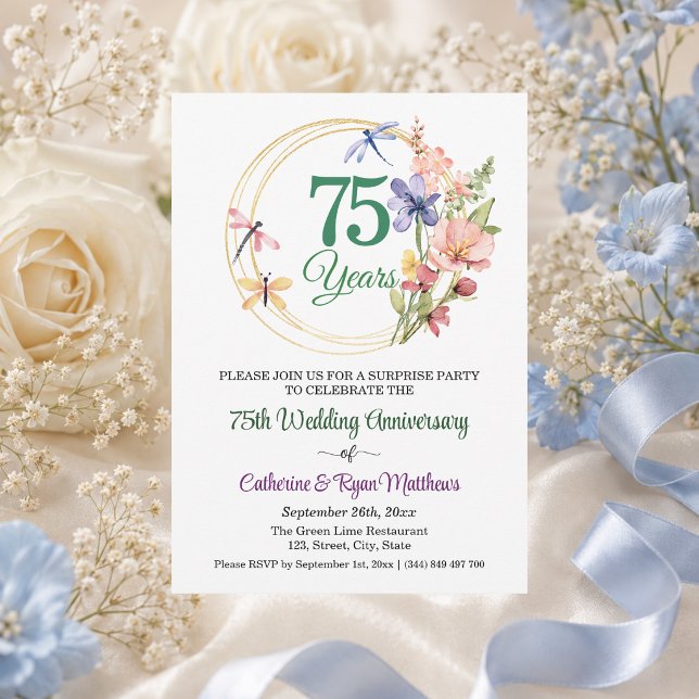 Invitation Fête surprise 75 ans de mariage floral (Créateur téléchargé)