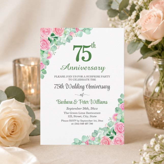 Invitation Fête surprise 75 ans de mariage Roses (Créateur téléchargé)