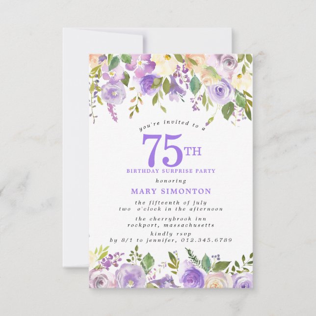 Invitation FÊTE SURPRISE 75e Anniversaire Fleurs Violettes Jo (Devant)