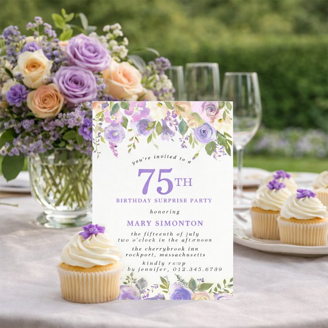 Invitation FÊTE SURPRISE 75e Anniversaire Fleurs Violettes Jo (Créateur téléchargé)