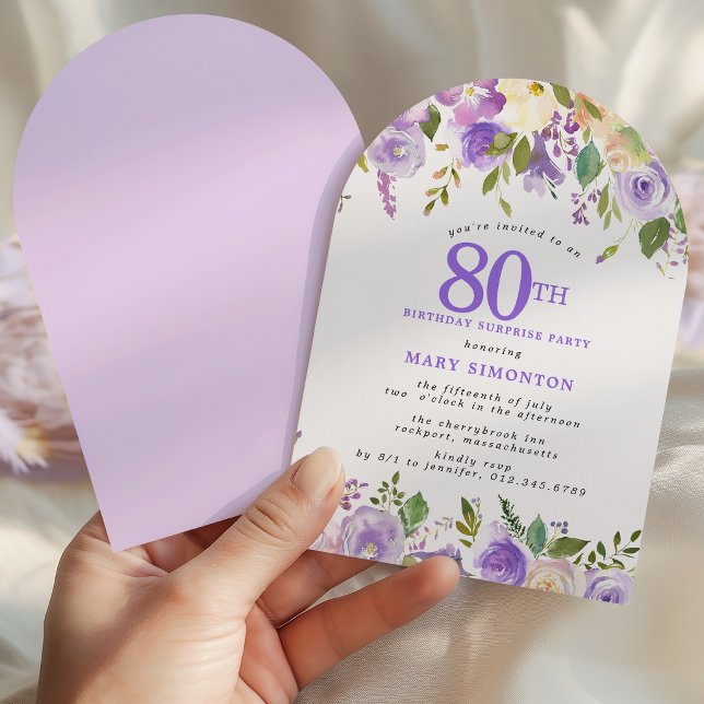 Invitation FÊTE SURPRISE 80e Anniversaire Arche Florale Viole (Créateur téléchargé)