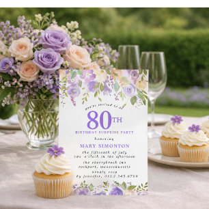 Invitation FÊTE SURPRISE 80e Anniversaire Fleurs Violettes Jo
