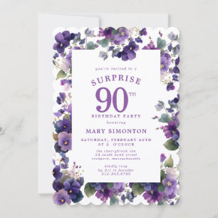 Invitation FÊTE SURPRISE 90e Anniversaire Fleur Violet Floral