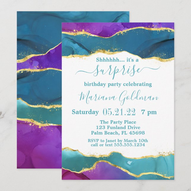 Invitation Fête surprise Abstrait Encre Rose Turquoise Or (Devant / Derrière)