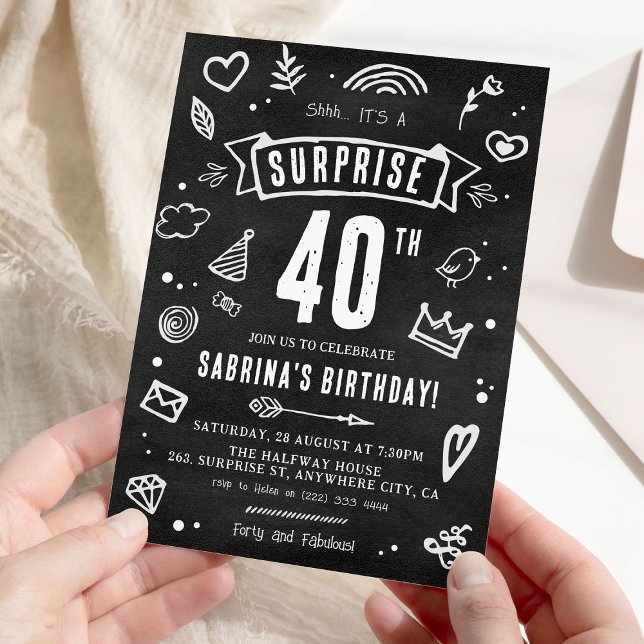 Invitation Fête surprise anniversaire 40 ans Fun Doodle table (Créateur téléchargé)