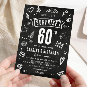 Invitation Fête surprise anniversaire 60 ans Fun Doodle table