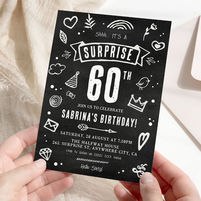 Invitation Fête surprise anniversaire 60 ans Fun Doodle table (Créateur téléchargé)