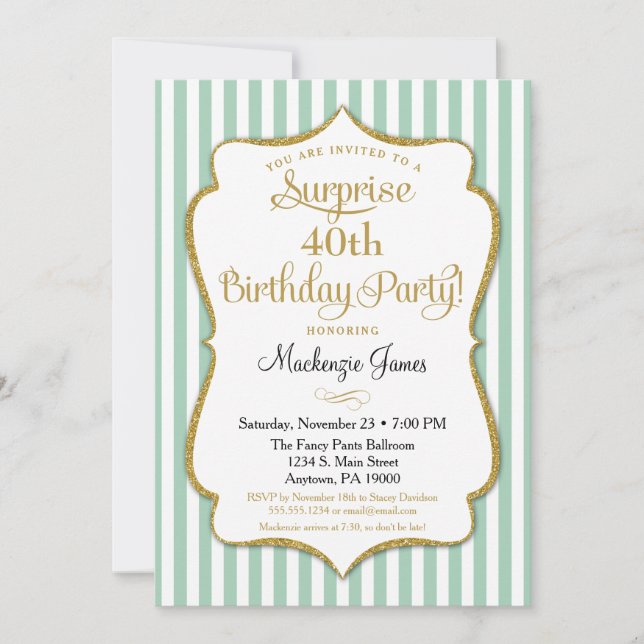 Invitation Fête Surprise Anniversaire Monnaie Vert Or (Devant)