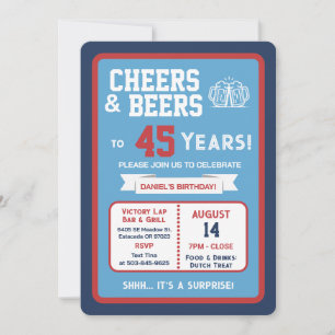 Invitation Fête surprise au bar sportif, 45 ans à boire