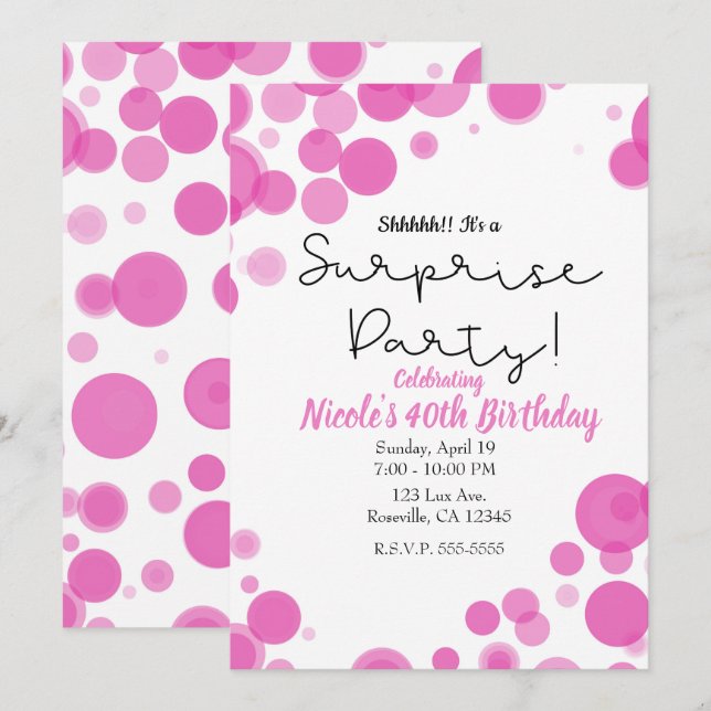 Invitation Fête surprise avec bulles rose et blanc à pois (Devant / Derrière)