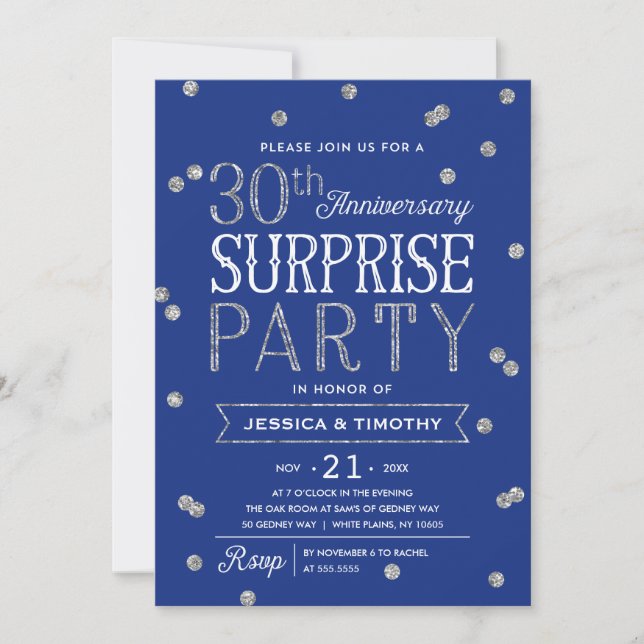 Invitation Fête surprise avec paillettes et confettis pour 30 (Devant)