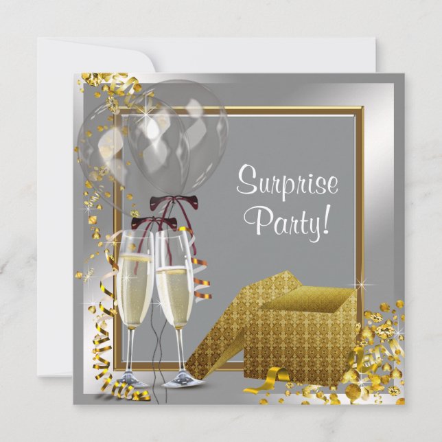 Invitation Fête surprise Champagne Confetti Argent et Or (Devant)