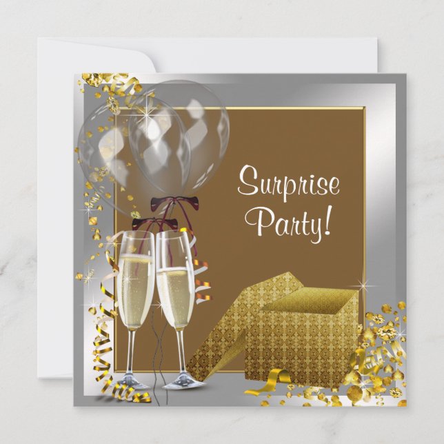Invitation Fête surprise Champagne Confettis Argent Or (Devant)