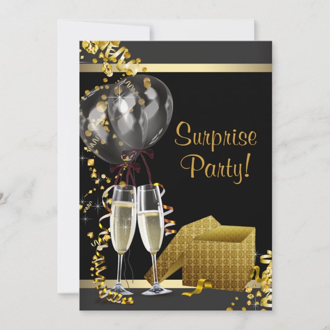 Invitation Fête surprise confettis Champagne Noir Or (Devant)
