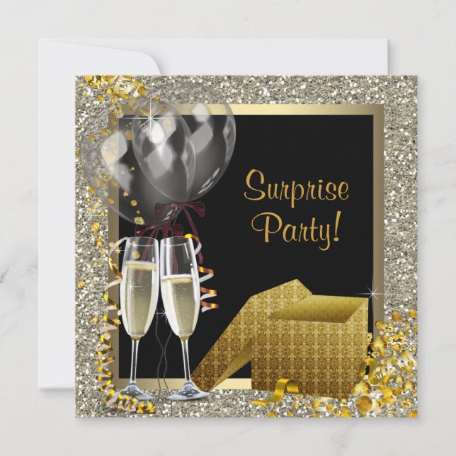 Invitation Fête surprise confettis Champagne Noir Or (Devant)