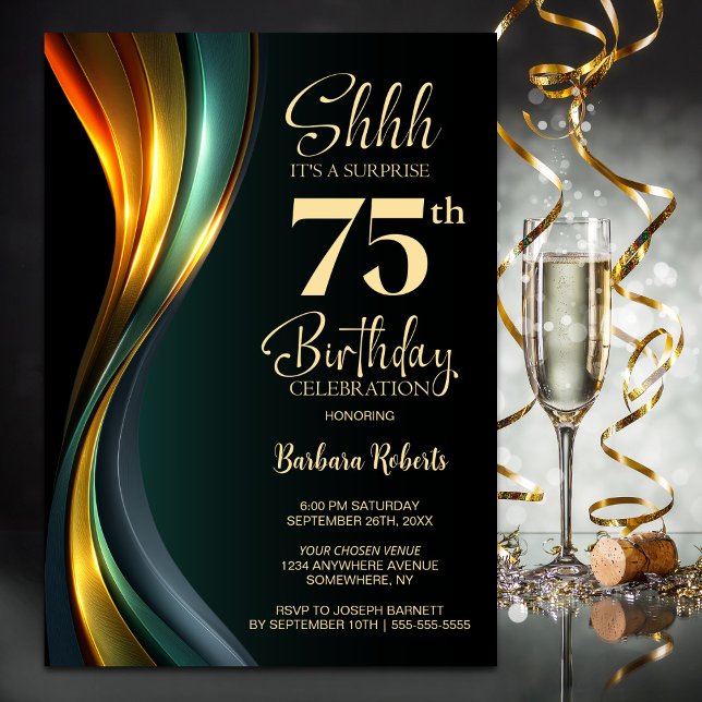 Invitation Fête surprise d'anniversaire 75 ans noir et or mod (Créateur téléchargé)