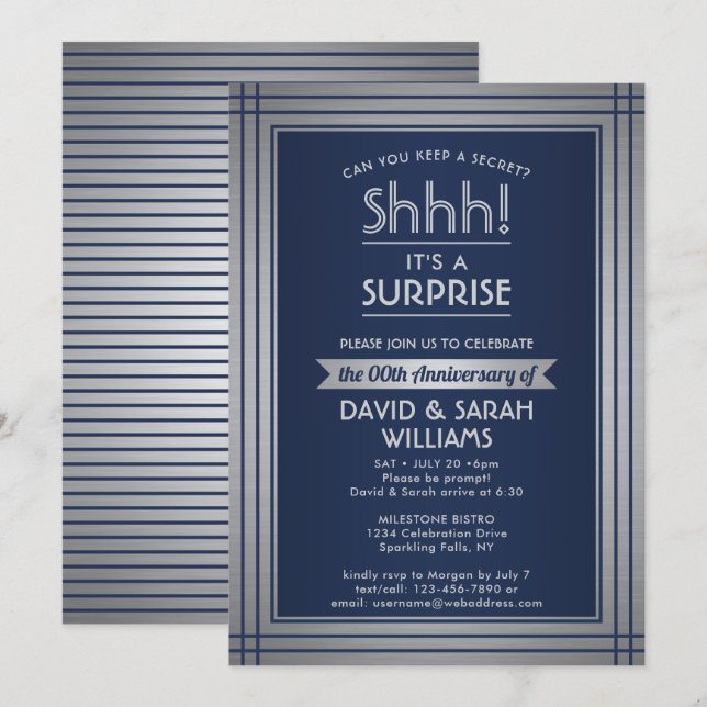 Invitation Fête surprise d'anniversaire de mariage bleu marin (Devant / Derrière)