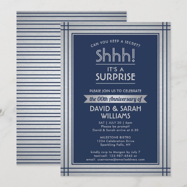 Invitation Fête surprise d'anniversaire de mariage bleu marin (Devant / Derrière)