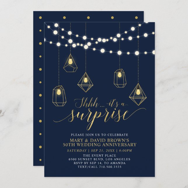 Invitation Fête surprise d'anniversaire de mariage Gold & Blu (Devant / Derrière)