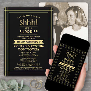 Invitation Fête surprise d'anniversaire en une photo Noir & O