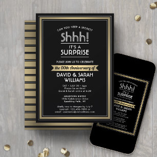 Invitation Fête surprise d'anniversaire noir, blanc et or