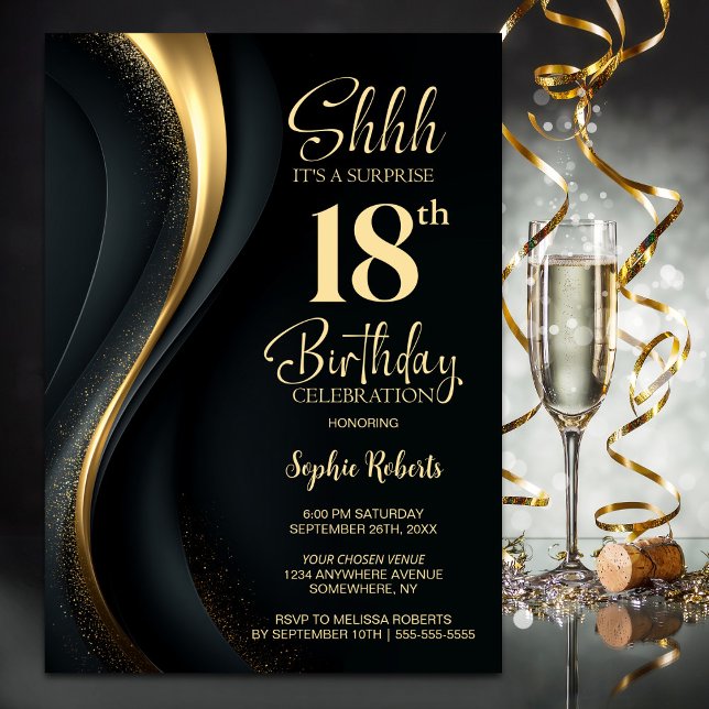 Invitation Fête surprise de 18 ans en noir et or (Créateur téléchargé)