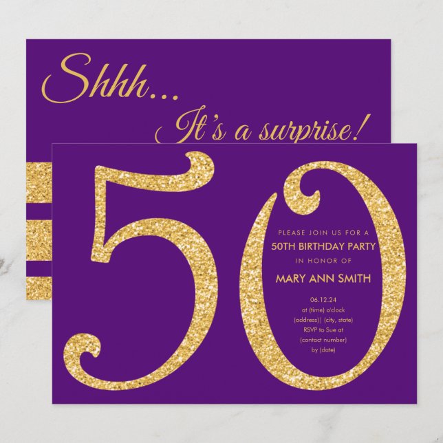 Invitation Fête surprise de 50e anniversaire paillettes dorée (Devant / Derrière)