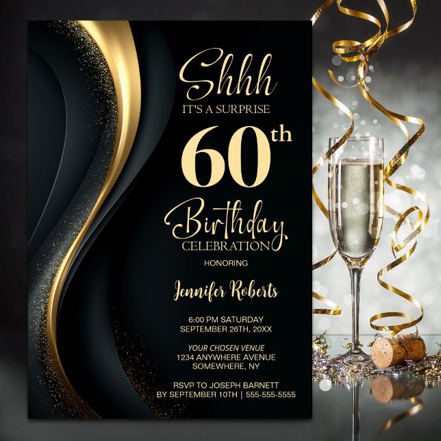 Invitation Fête surprise de 60 ans en noir et or (Créateur téléchargé)