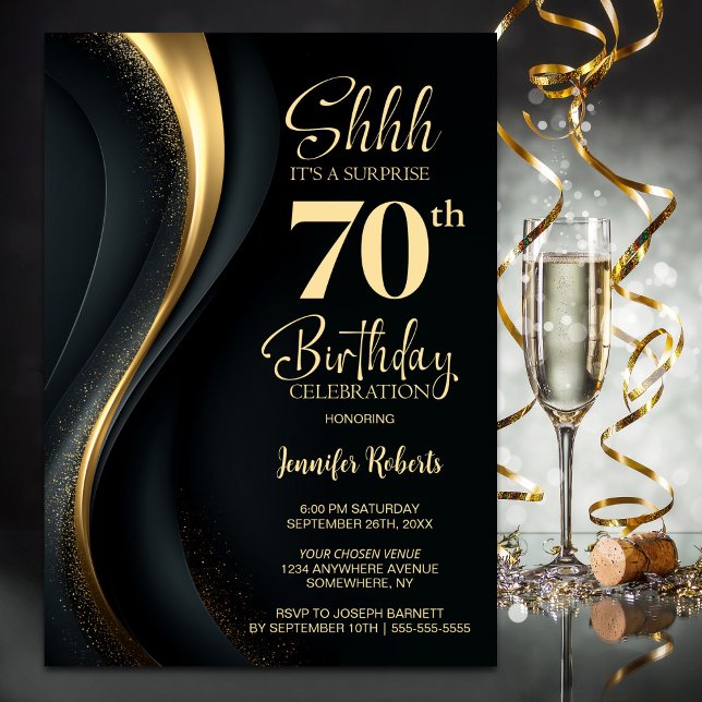 Invitation Fête surprise de 70 ans en noir et or (Créateur téléchargé)