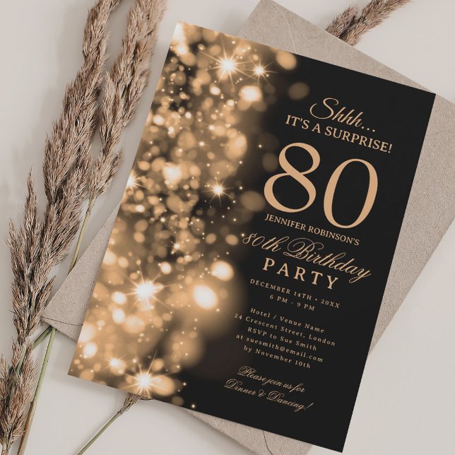 Invitation Fête surprise de 80e anniversaire Gold Glam (Gold Glam Surprise 80th Birthday Party Invitation)