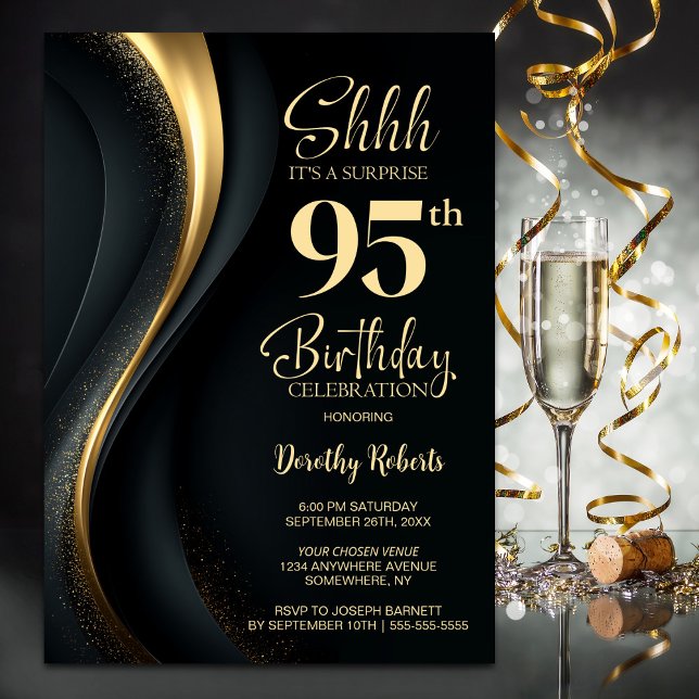 Invitation Fête surprise de 95 ans en noir et or (Créateur téléchargé)