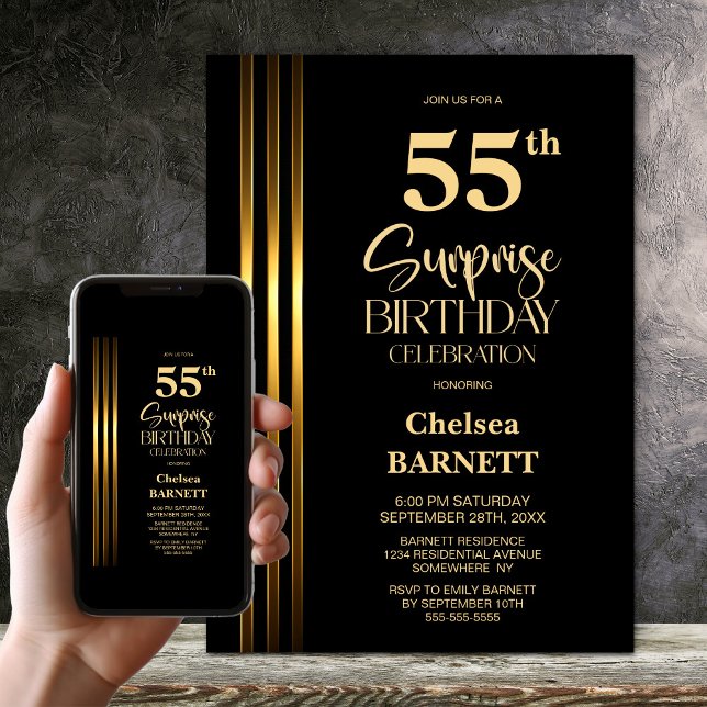 Invitation Fête surprise des 55 ans rayée noire et dorée (Créateur téléchargé)