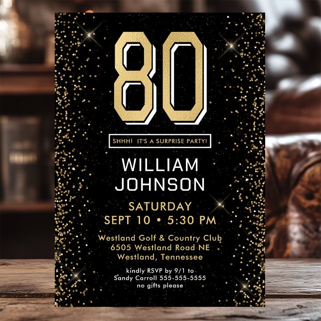 Invitation Fête surprise des 80 ans en noir moderne (Créateur téléchargé)