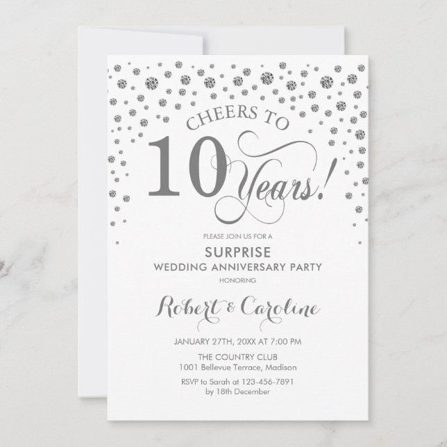 Invitation Fête surprise du 10ème anniversaire - Blanc argent (Devant)