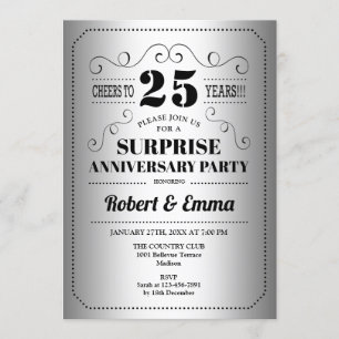 Invitation Fête surprise du 25e anniversaire - Noir argenté