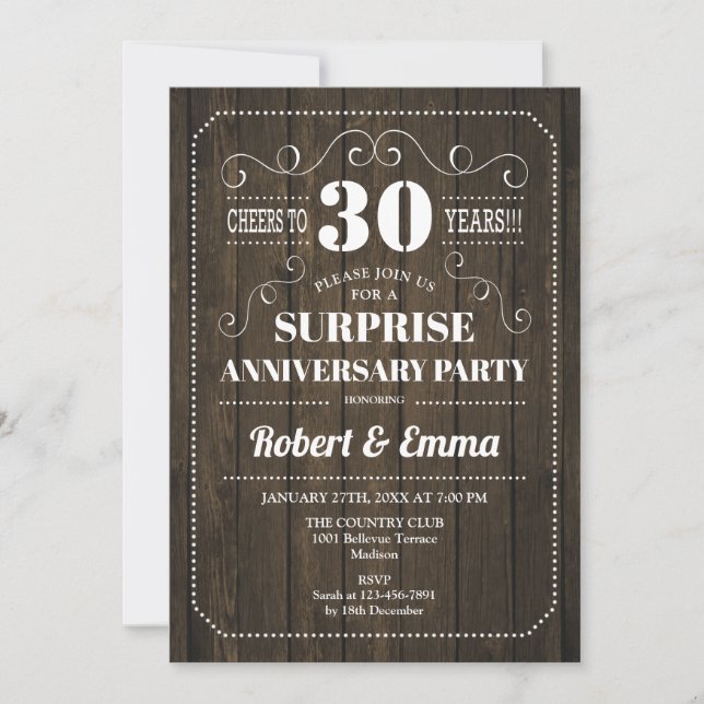 Invitation Fête surprise du 30e anniversaire - Bois rustique (Devant)