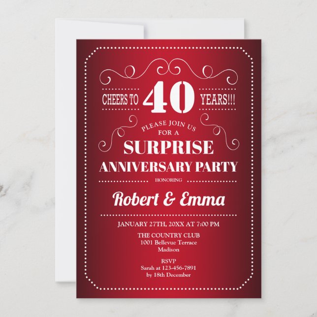 Invitation Fête surprise du 40e anniversaire - Rouge rubis (Devant)