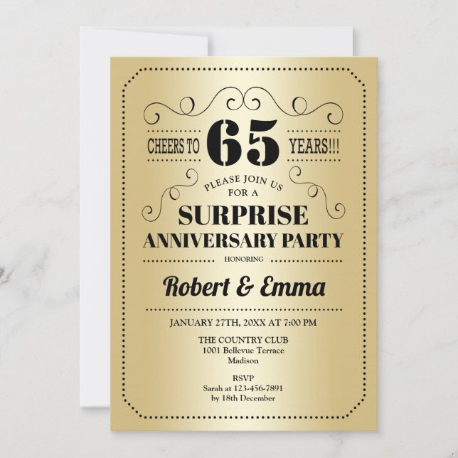 Invitation Fête surprise du 65e anniversaire - Noir Or (Devant)