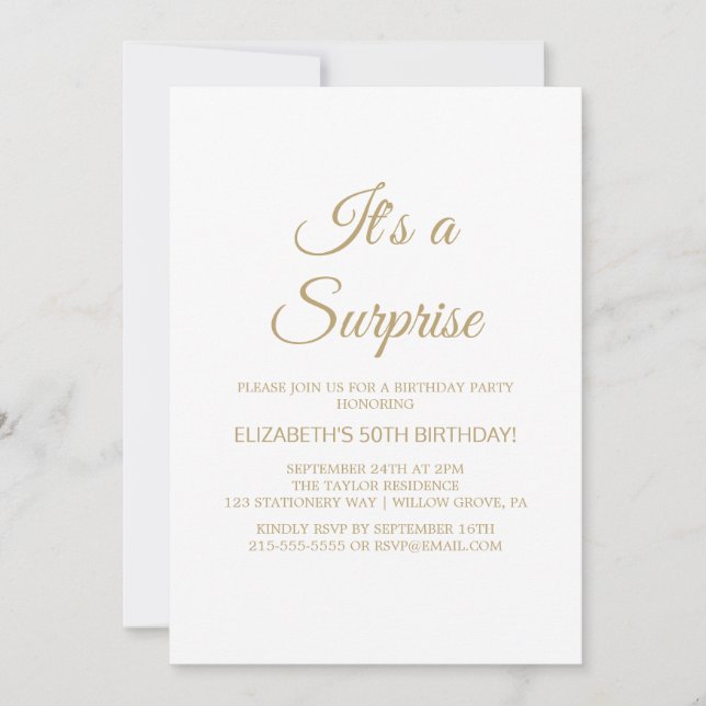Invitation Fête surprise élégante avec calligraphie dorée raf (Devant)